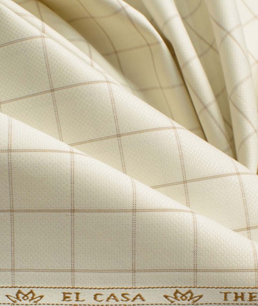 Mafatlal Men's Poly Cotton Checks 2.25 Meter Unstitched Shirting Fabric (Cream)