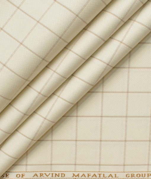 Mafatlal Men's Poly Cotton Checks 2.25 Meter Unstitched Shirting Fabric (Cream)