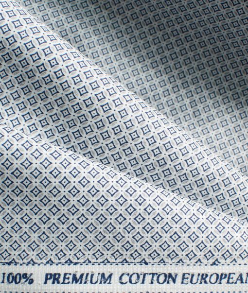 Cadini Men's Premium Cotton Printed  Unstitched Shirting Fabric (White & Blue)