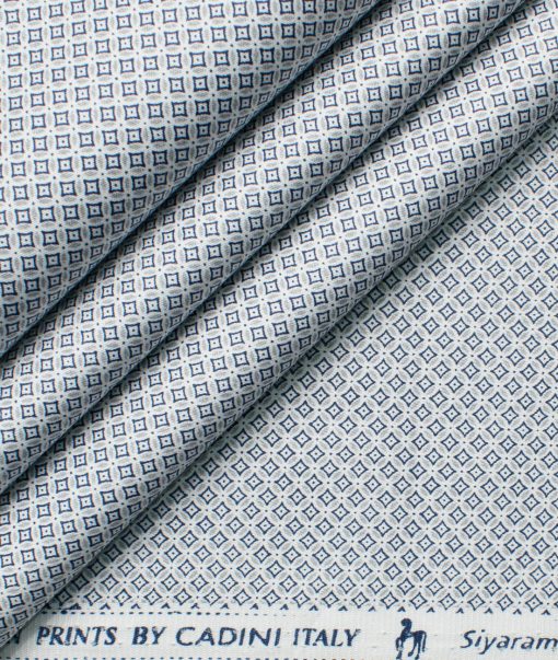 Cadini Men's Premium Cotton Printed  Unstitched Shirting Fabric (White & Blue)