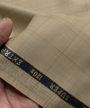 Cavalero Men's 52% Wool  Super 120's Checks  Unstitched Suiting Fabric (Beige)