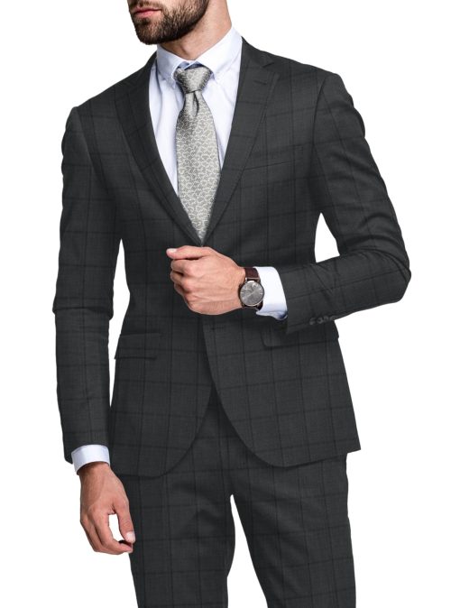 Cavalero Men's 52% Wool  Super 120's Checks  Unstitched Suiting Fabric (Dark Grey)