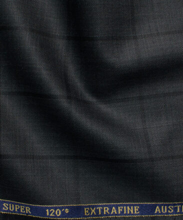 Cavalero Men's 52% Wool  Super 120's Checks  Unstitched Suiting Fabric (Dark Grey)