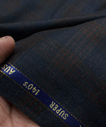 J.Hampstead Men's 60% Wool Super 140's Checks  Unstitched Suiting Fabric (Dark Blue)