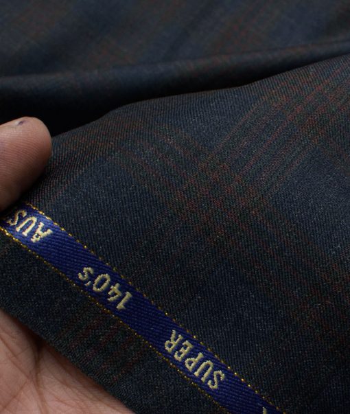 J.Hampstead Men's 60% Wool Super 140's Checks  Unstitched Suiting Fabric (Dark Blue)