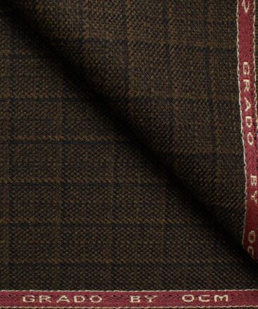 OCM Men's 50% Merino Wool  Checks  2 Meter Unstitched Tweed Jacketing & Blazer Fabric (Brown)