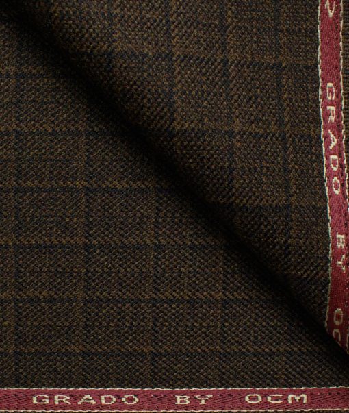 OCM Men's 50% Merino Wool  Checks  2 Meter Unstitched Tweed Jacketing & Blazer Fabric (Brown)