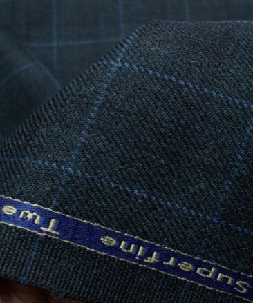 OCM Men's 50% Merino Wool  Checks  2 Meter Unstitched Tweed Jacketing & Blazer Fabric (Dark Sea Green)