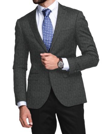 OCM Men's 100% Merino Wool Herringbone  2 Meter Unstitched Tweed Jacketing & Blazer Fabric (Dark Grey)