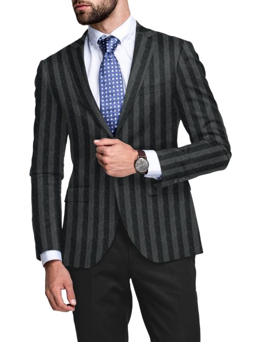 Raymond Men's 100% Merino Wool Striped  2.20 Meter Unstitched Tweed Jacketing & Blazer Fabric (Grey & Black)