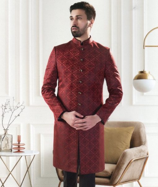 Nemesis Men's Terry Rayon Embroidered  Unstitched Jacket, Blazer or Indowestern Ethnic Fabric (Maroon)