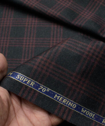 Raymond Men's 52% Merino Wool Super 70's Checks  2.20 Meter Unstitched Tweed Jacketing & Blazer Fabric (Black & Maroon)