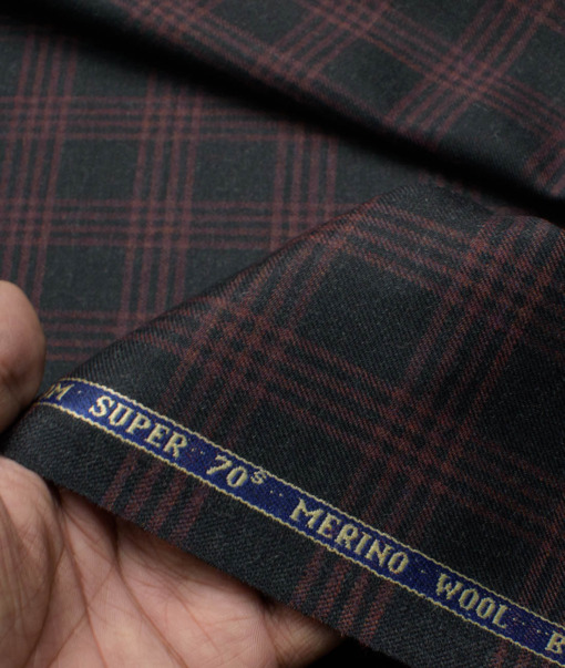 Raymond Men's 52% Merino Wool Super 70's Checks  2.20 Meter Unstitched Tweed Jacketing & Blazer Fabric (Black & Maroon)