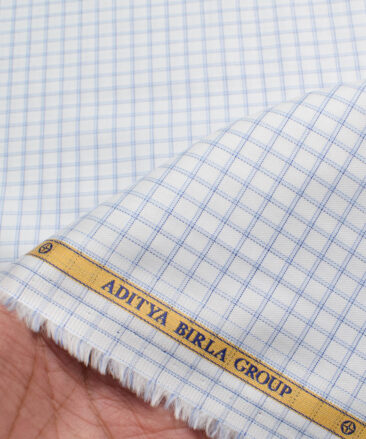 Soktas Men's Giza Cotton Checks  Unstitched Shirting Fabric (White & Blue)