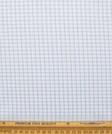 Soktas Men's Giza Cotton Checks  Unstitched Shirting Fabric (White & Blue)