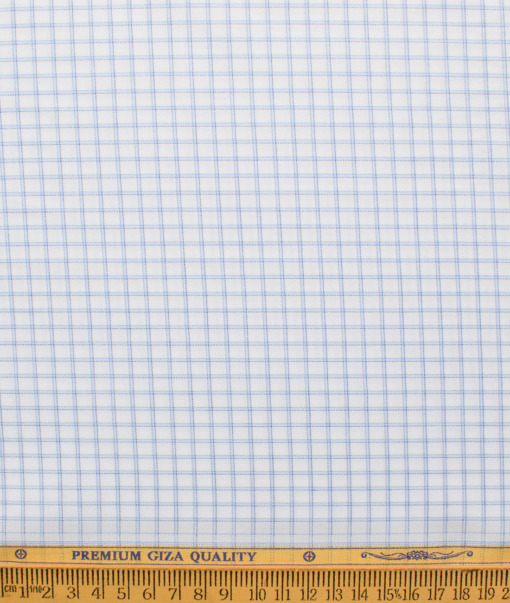 Soktas Men's Giza Cotton Checks  Unstitched Shirting Fabric (White & Blue)