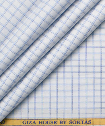 Soktas Men's Giza Cotton Checks  Unstitched Shirting Fabric (White & Blue)