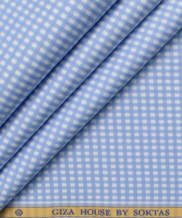 Soktas Men's Giza Cotton Checks  Unstitched Shirting Fabric (White & Sky Blue)