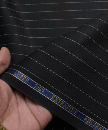 Cavalero Men's 60% Wool Super 120's Striped  Unstitched Suiting Fabric (Black)