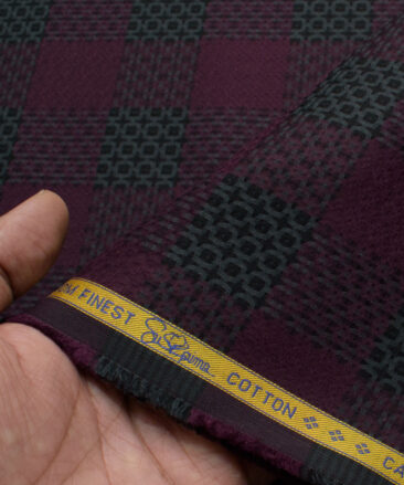 Luthai Men's Supima Cotton Checks  Unstitched Shirting Fabric (Wine & Black)