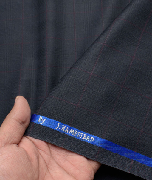 J.hampstead Men's Polyester Viscose  Checks  Unstitched Suiting Fabric (Dark Blue)