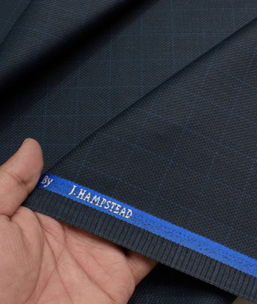 J.hampstead Men's Polyester Viscose  Checks  Unstitched Suiting Fabric (Dark Blue)