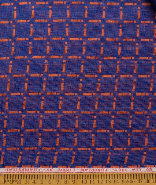 J.Hampstead Men's 100% Linen 60 LEA Checks  Unstitched Shirt Fabric (Orange & Royal Blue Reversible) - Image 4