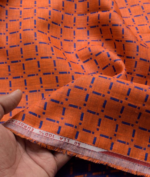 J.Hampstead Men's 100% Linen 60 LEA Checks  Unstitched Shirt Fabric (Orange & Royal Blue Reversible)