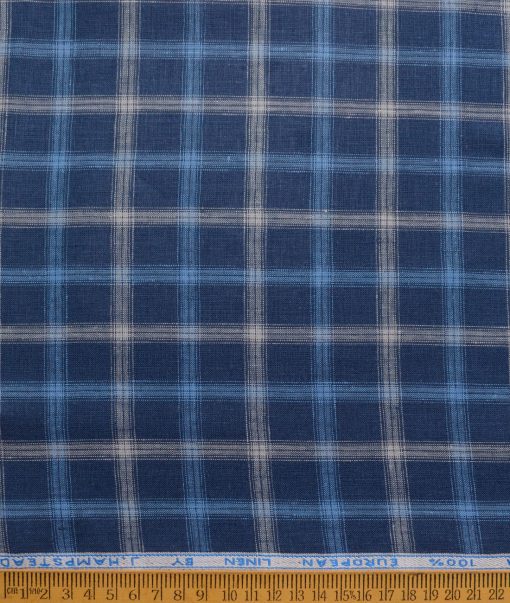 J.Hampstead Men's 100% Linen 80 LEA Checks  Unstitched Shirt Fabric (Dark Blue) - Image 3