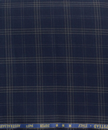 J.Hampstead Men's 50% Wool Super 140's Checks  Unstitched Trouser Fabric (Dark Blue)