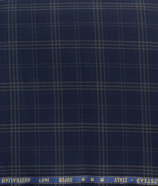 J.Hampstead Men's 50% Wool Super 140's Checks  Unstitched Trouser Fabric (Dark Blue)