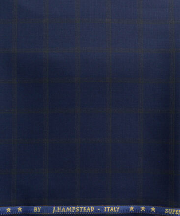 J.Hampstead Men's 50% Wool Super 140's Checks  Unstitched Trouser Fabric (Dark Royal Blue)