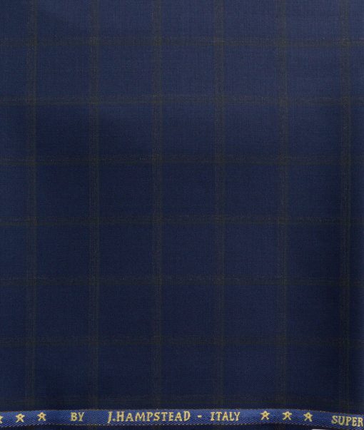 J.Hampstead Men's 50% Wool Super 140's Checks  Unstitched Trouser Fabric (Dark Royal Blue)