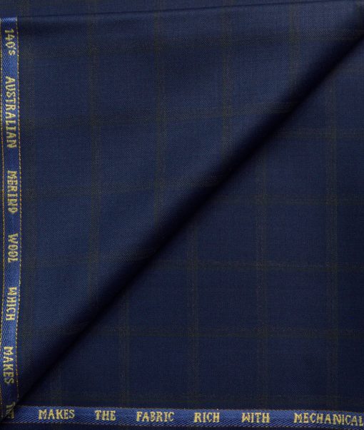 J.Hampstead Men's 50% Wool Super 140's Checks  Unstitched Trouser Fabric (Dark Royal Blue)