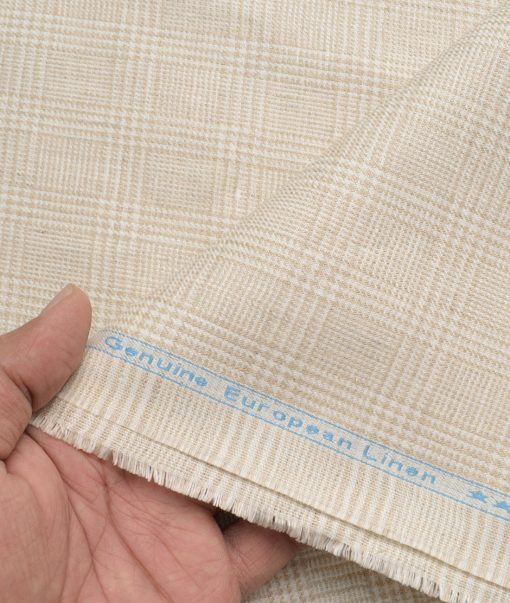 Linen Club Men's 100% Linen 30 LEA Checks  Unstitched Suiting Fabric (Beige)