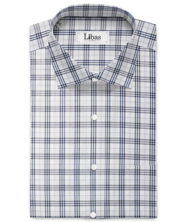 Cotton Fusion Men's Poly Cotton Checks  Unstitched Wrinkle Free Shirting Fabric (White & Blue)