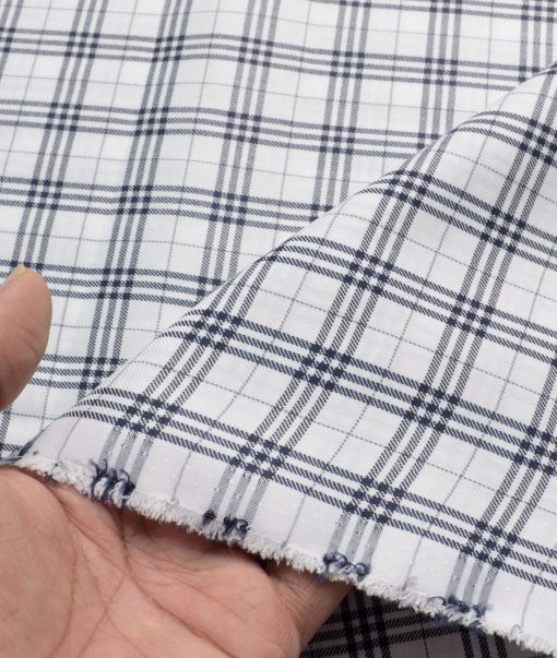 Cotton Fusion Men's Poly Cotton Checks  Unstitched Wrinkle Free Shirting Fabric (White & Blue)