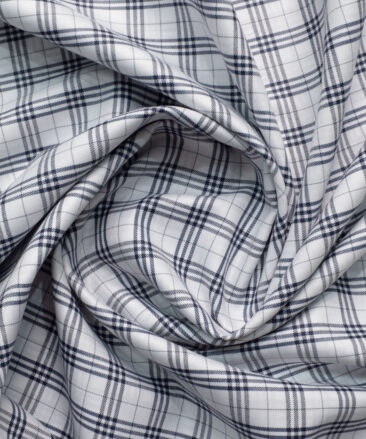 Cotton Fusion Men's Poly Cotton Checks  Unstitched Wrinkle Free Shirting Fabric (White & Blue)