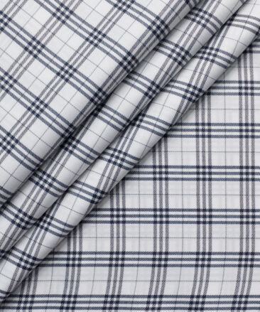 Cotton Fusion Men's Poly Cotton Checks  Unstitched Wrinkle Free Shirting Fabric (White & Blue)