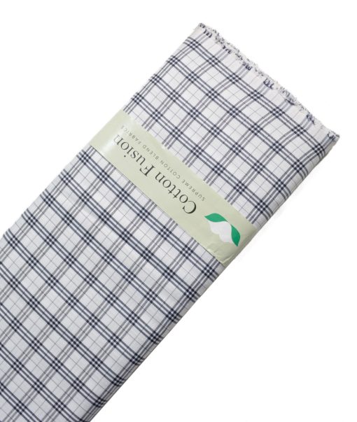 Cotton Fusion Men's Poly Cotton Checks  Unstitched Wrinkle Free Shirting Fabric (White & Blue)