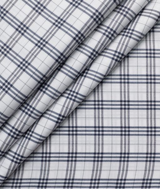 Cotton Fusion Men's Poly Cotton Checks  Unstitched Wrinkle Free Shirting Fabric (White & Blue)