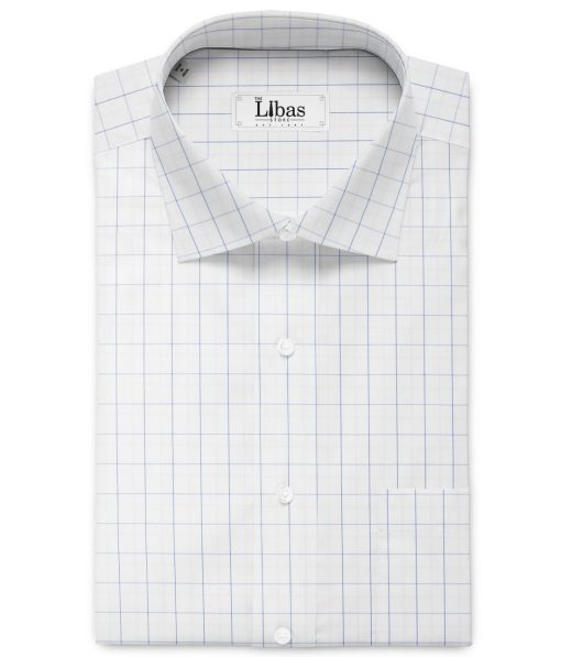 Cotton Fusion Men's Poly Cotton Checks  Unstitched Wrinkle Free Shirting Fabric (White & Blue)