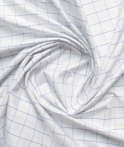 Cotton Fusion Men's Poly Cotton Checks  Unstitched Wrinkle Free Shirting Fabric (White & Blue)