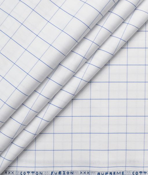 Cotton Fusion Men's Poly Cotton Checks  Unstitched Wrinkle Free Shirting Fabric (White & Blue)