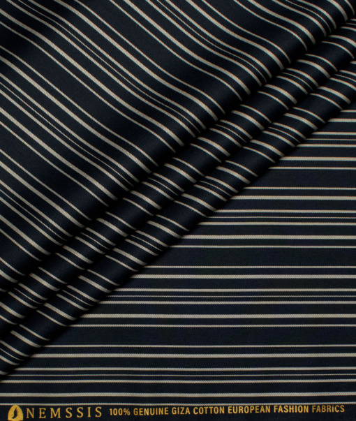 Nemesis Men's  Giza Cotton Striped  Unstitched Shirting Fabric (Dark Navy Blue)