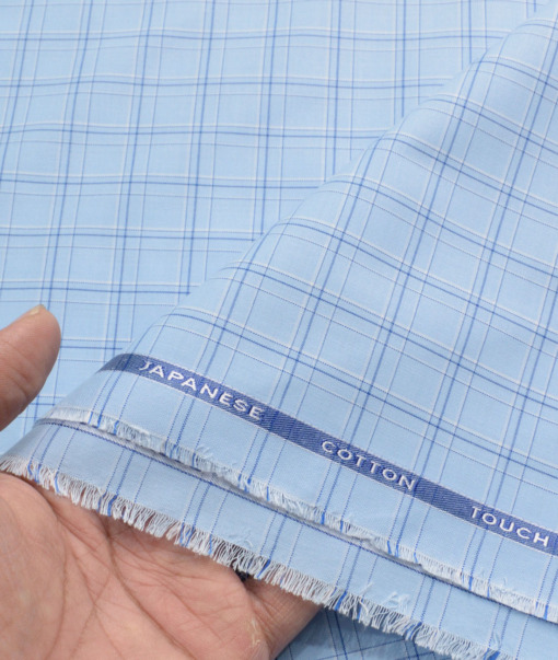 Siyaram's Men's Poly Cotton Checks  Unstitched Wrinkle Free Shirting Fabric (Sky Blue)