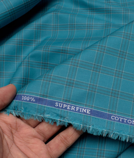 Siyaram's Men's  Superfine Cotton Checks  Unstitched Shirting Fabric (Teal Blue)