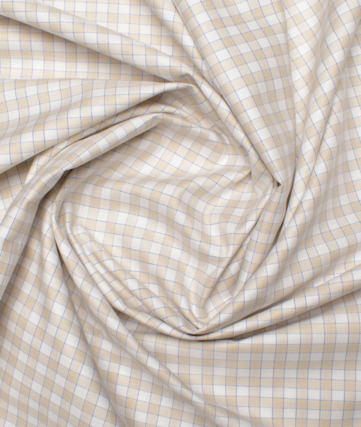 Soktas Men's  Giza Cotton Checks  Unstitched Shirting Fabric (White & Oat Beige)