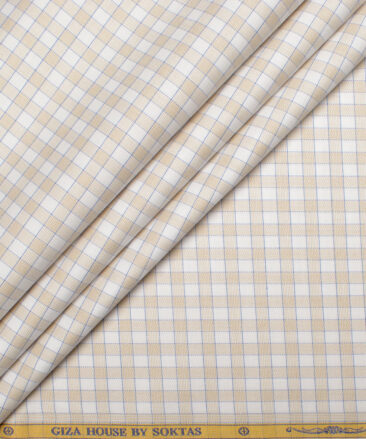 Soktas Men's  Giza Cotton Checks  Unstitched Shirting Fabric (White & Oat Beige)