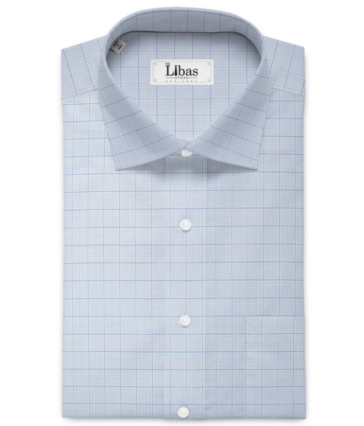 Soktas Men's  Giza Cotton Checks  Unstitched Shirting Fabric (White & Sky Blue)